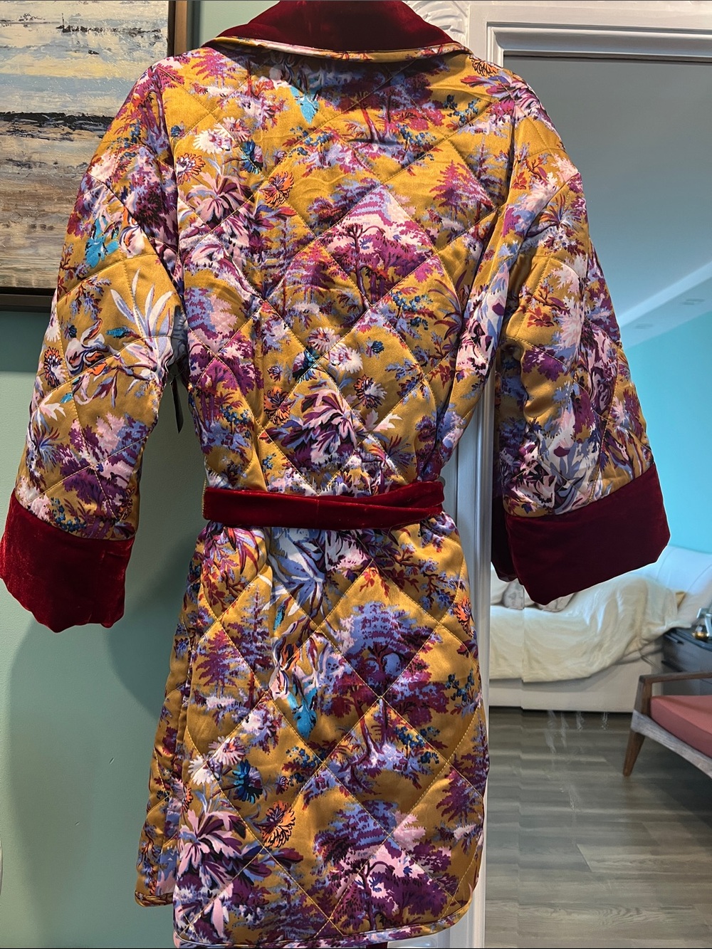 Anthropologie Quilted Floral coat Robe with Rich Red Velvet Trim - Picture 2 of 13